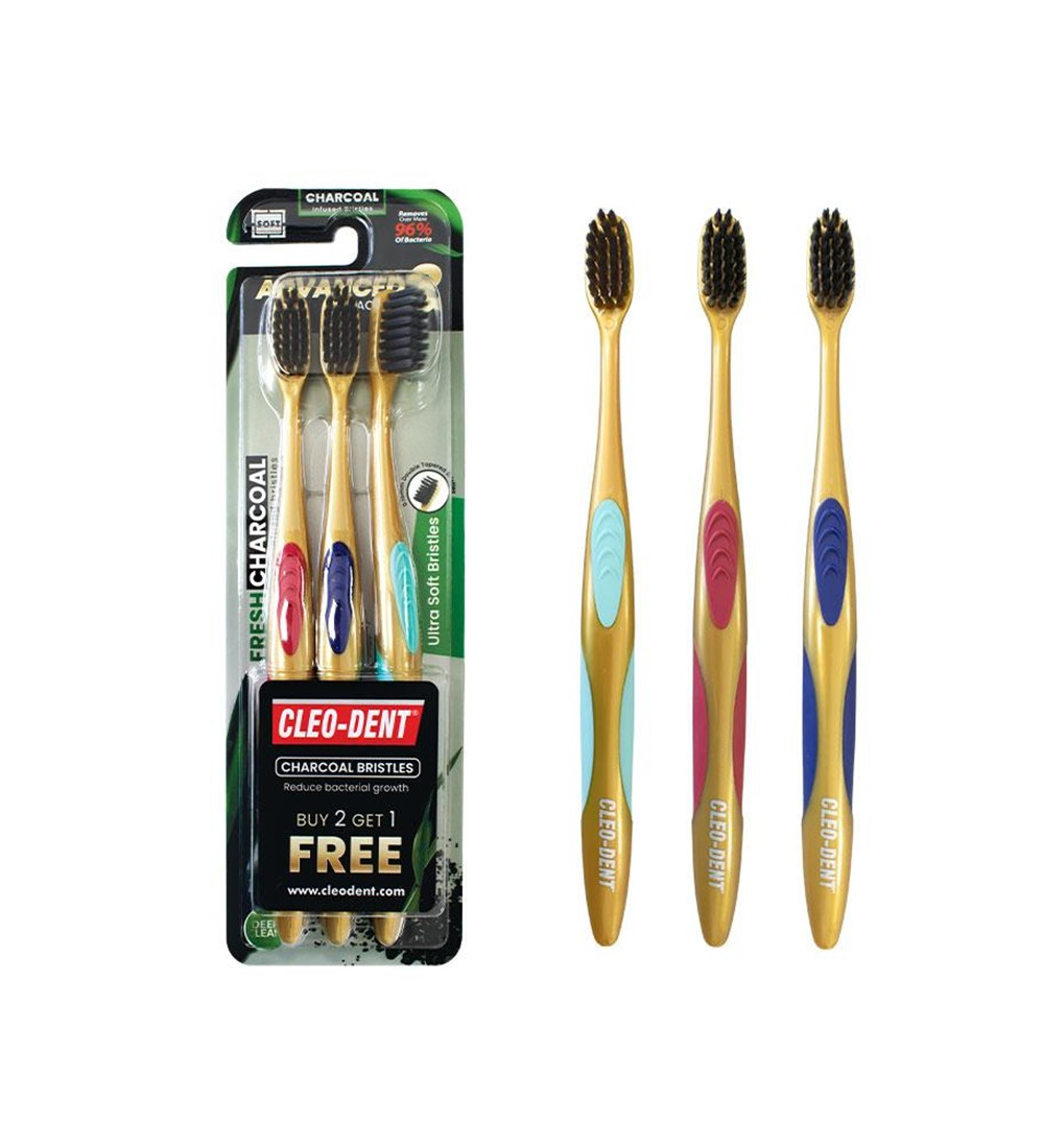 Slide1 Cleo-Dent Charcoal Bristles Soft 2+1 FREE - Image 1